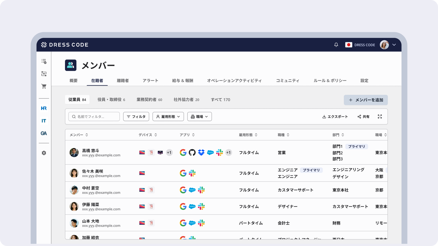 従業員ごとのアカウントの発行情報が一目でわかる。誰が何のアカウントやデバイスを持っているかを簡単に把握できます。