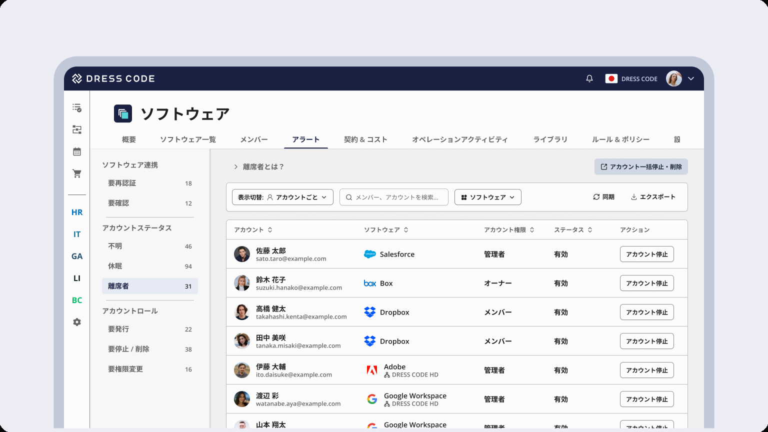 DRESS CODEのアラート画面。離席者や要確認のアカウントを一覧で確認し、アカウントの停止まで行える